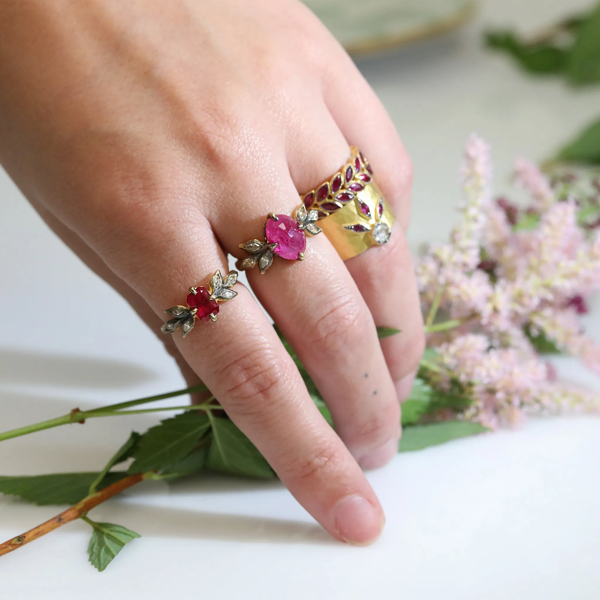 22K Ruby Ring with Blackened Diamond Leaves