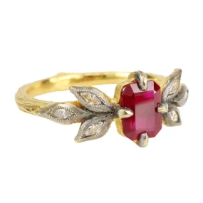 22K Ruby Ring with Blackened Diamond Leaves