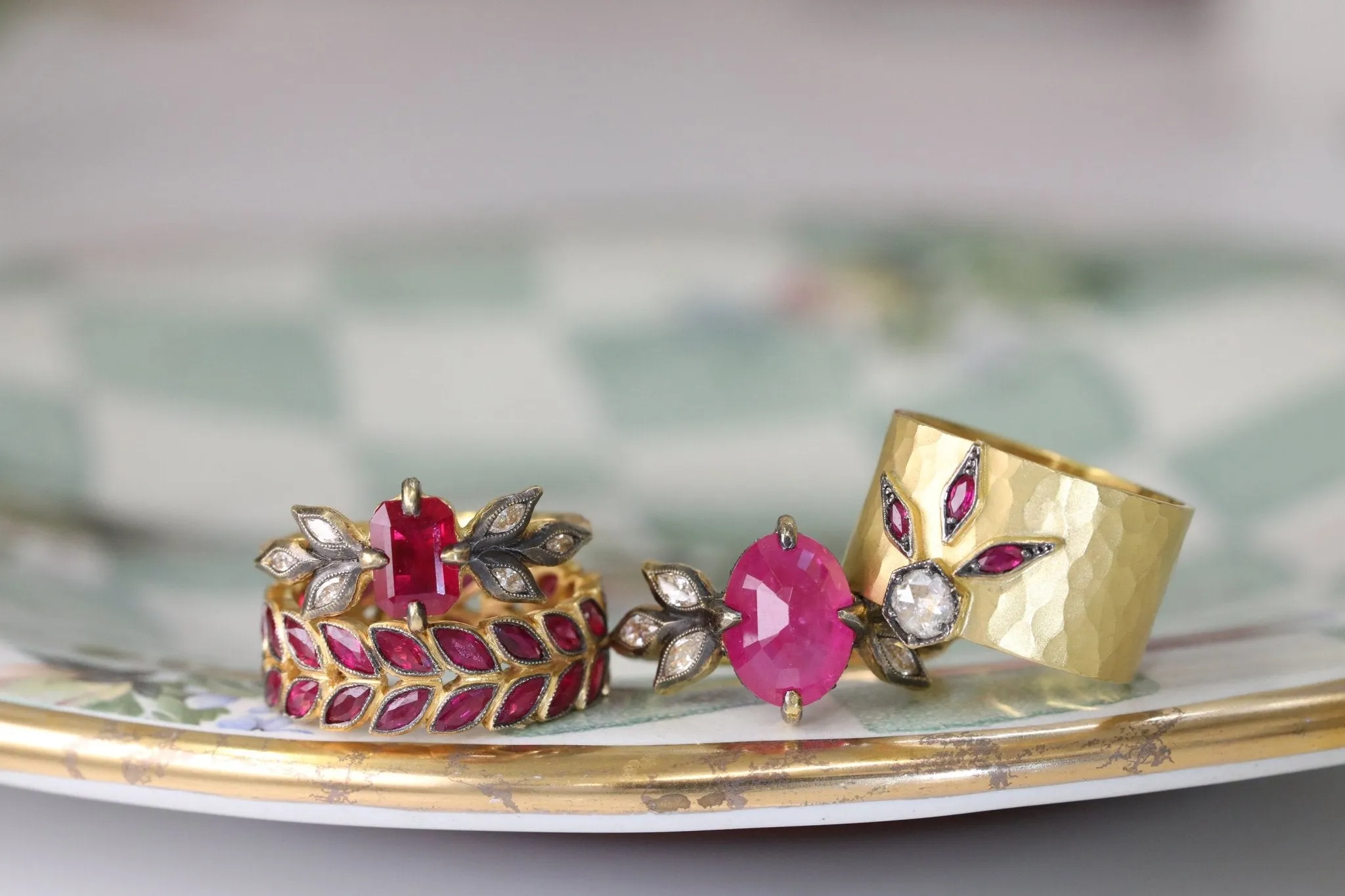 22K Ruby Ring with Blackened Diamond Leaves