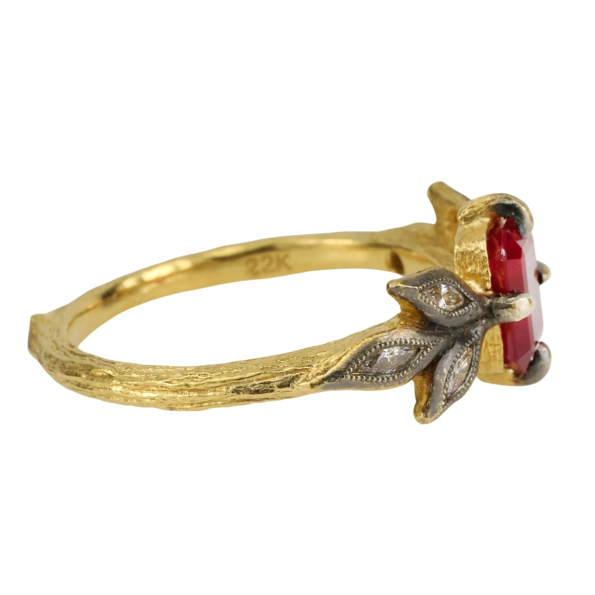 22K Ruby Ring with Blackened Diamond Leaves