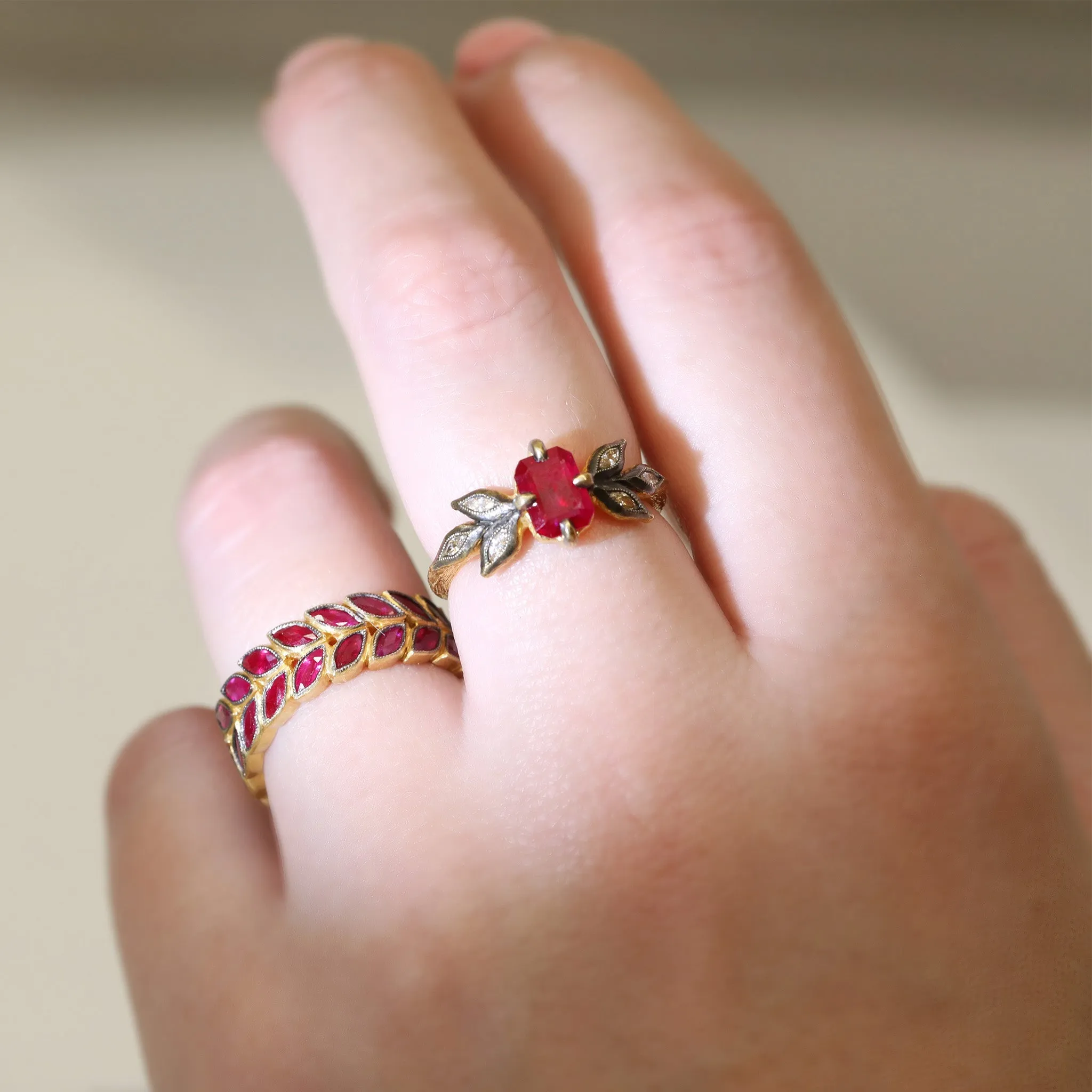 22K Ruby Ring with Blackened Diamond Leaves