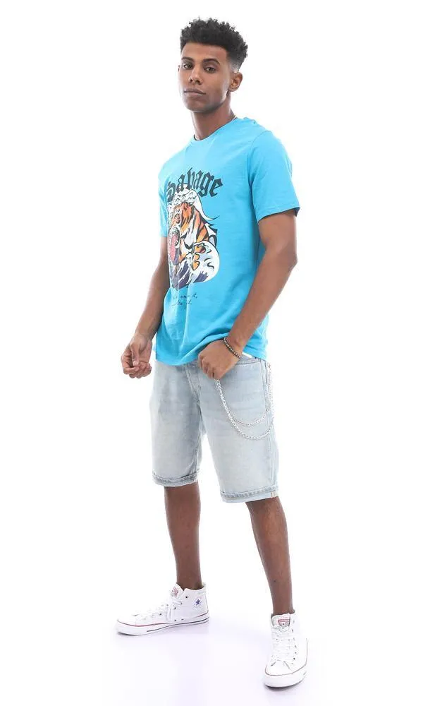 95178 Turquoise T-Shirt With A Roaring Tiger Frontal Print