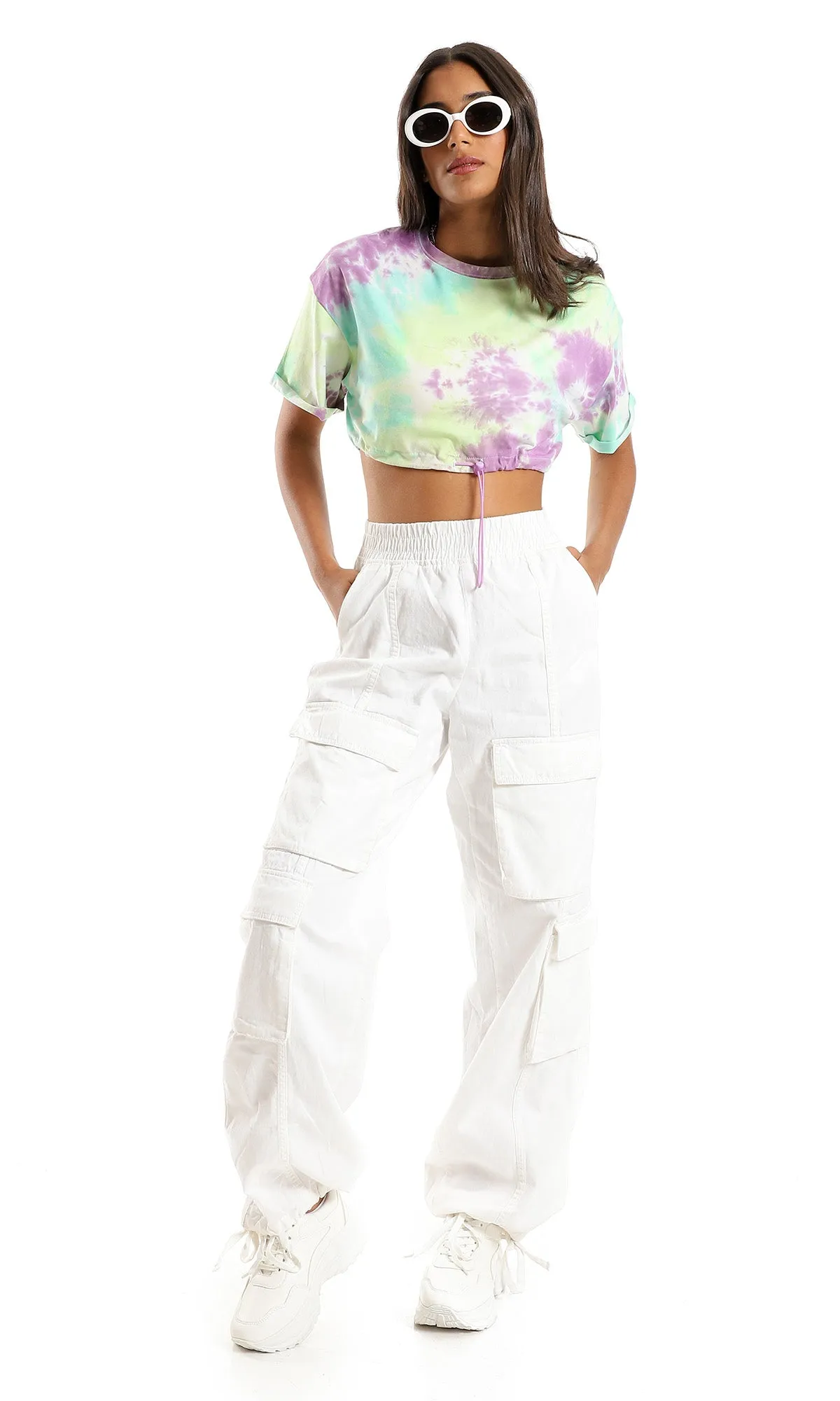 97252 Tie Dye Cotton T-Shirt With Drawstring Trim - Purple & Lime Green