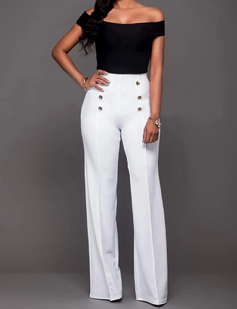 A ADILACA Women's Casual Work Office Basic Pants, Front 6-Button Sailor Trousers, High Waist Straight-Leg Long Pants