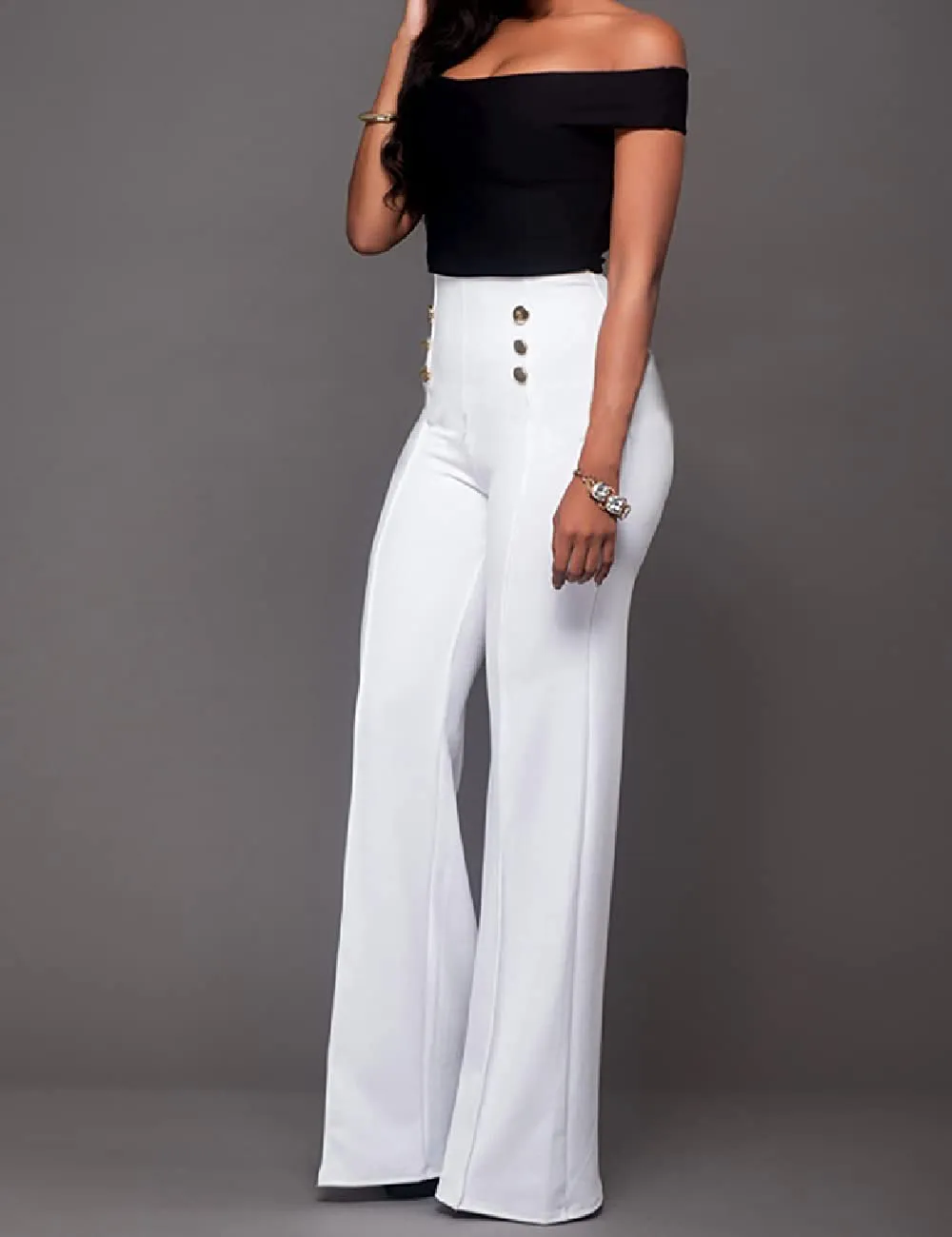 A ADILACA Women's Casual Work Office Basic Pants, Front 6-Button Sailor Trousers, High Waist Straight-Leg Long Pants