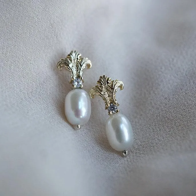 Acanthus Pearl Studs in 14K, 18K Gold and Platinum