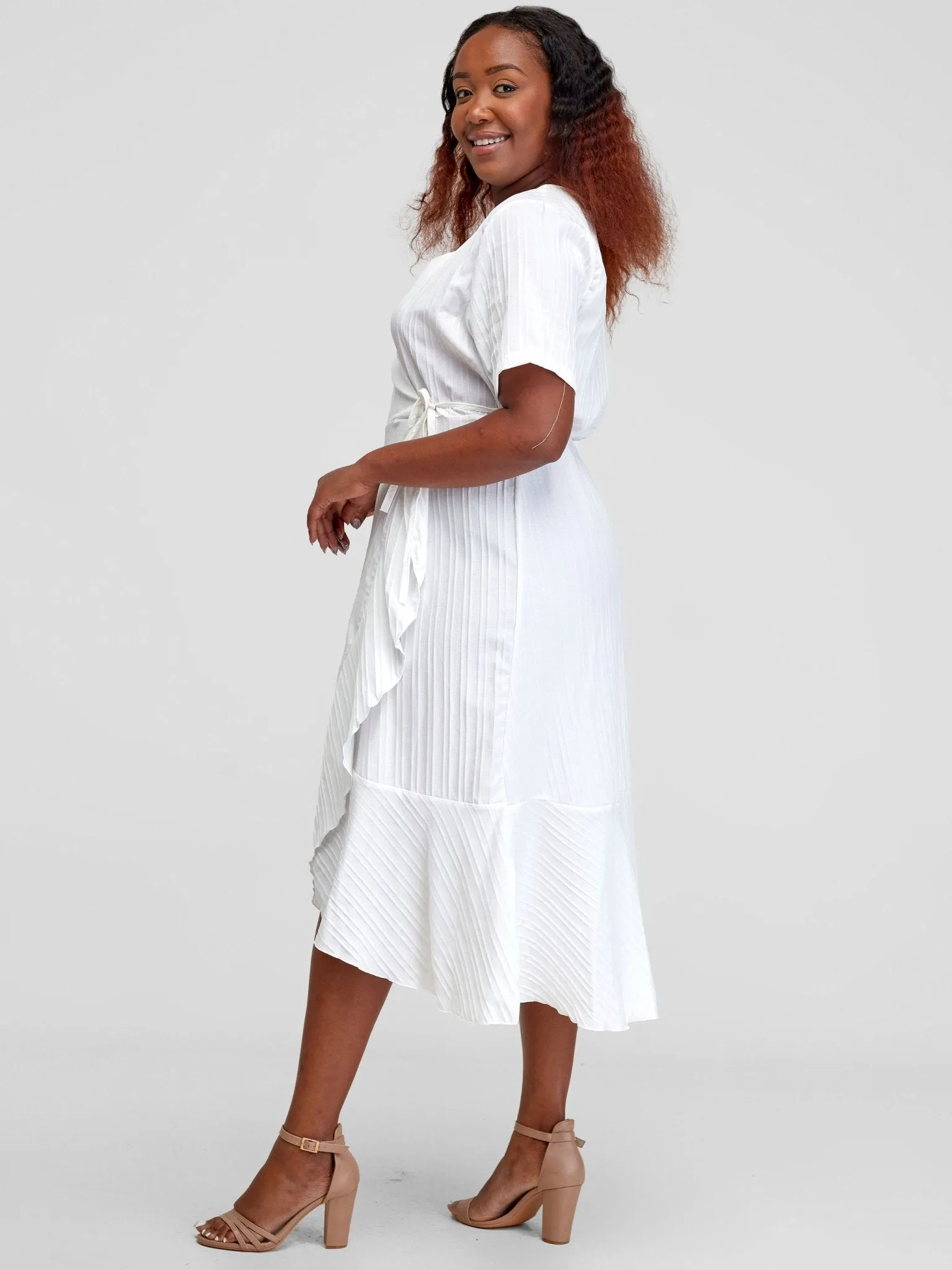 Alara Ruffle Trim Tie Side Wrap Dress - White