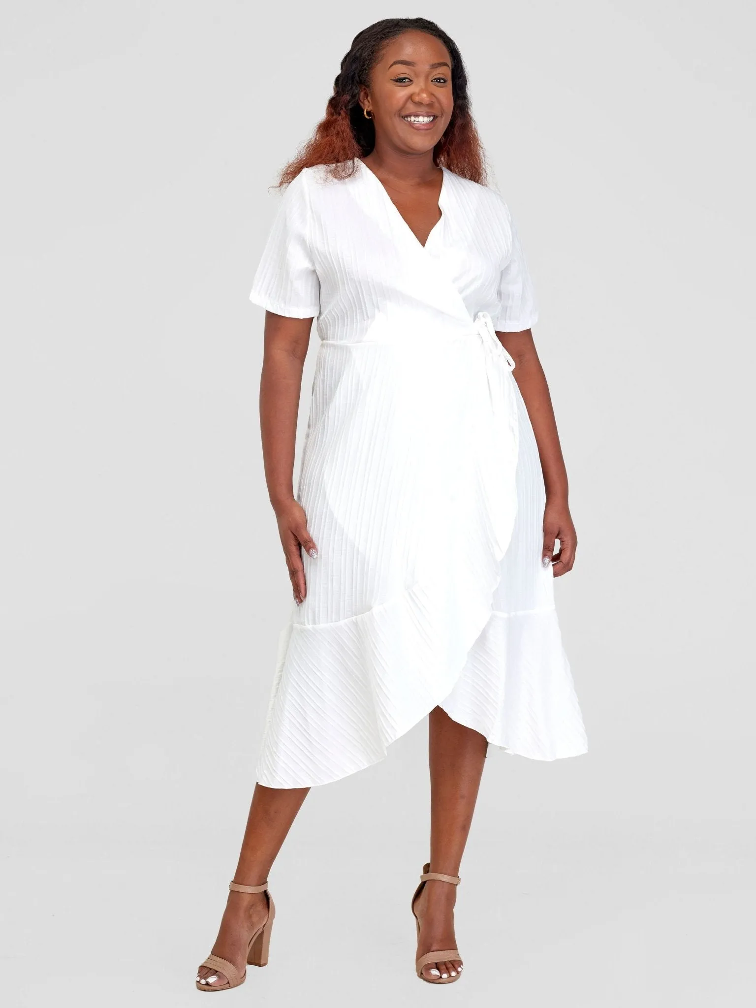 Alara Ruffle Trim Tie Side Wrap Dress - White