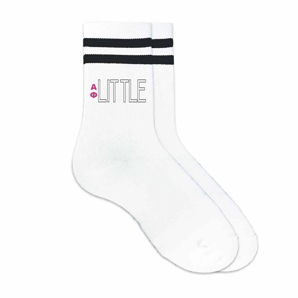 Alpha Phi Sorority Socks for your Big and Little with Greek Letters on Striped Cotton Crew Socks