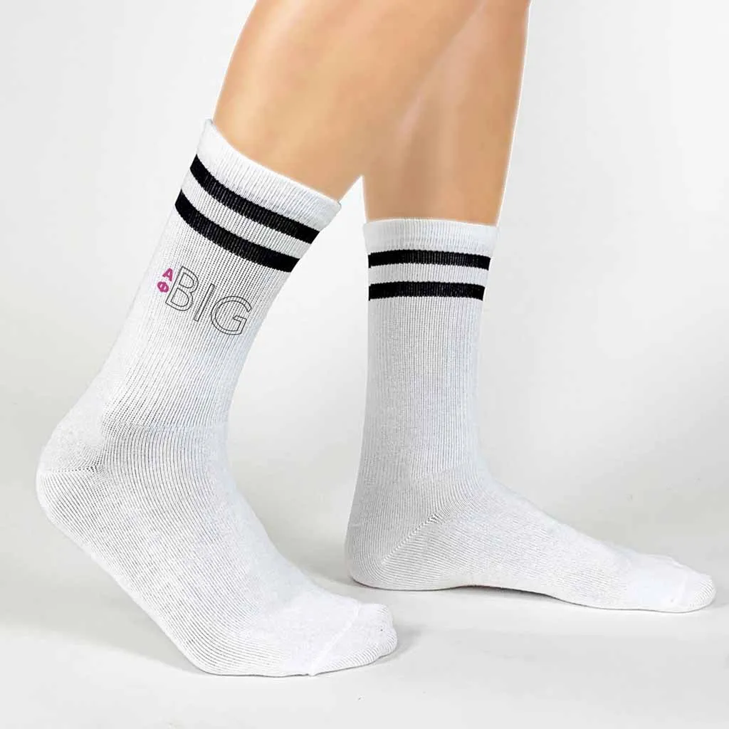 Alpha Phi Sorority Socks for your Big and Little with Greek Letters on Striped Cotton Crew Socks