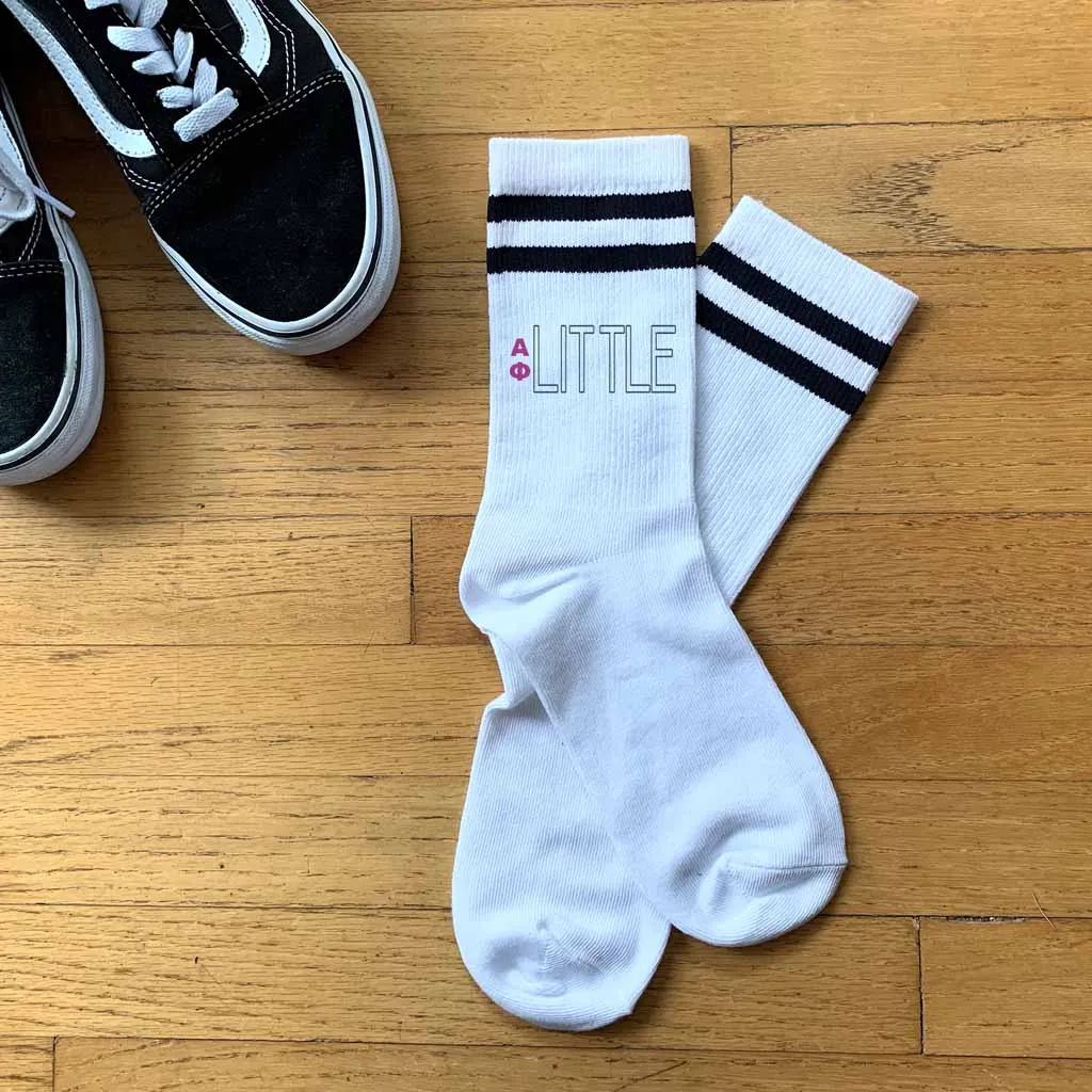 Alpha Phi Sorority Socks for your Big and Little with Greek Letters on Striped Cotton Crew Socks