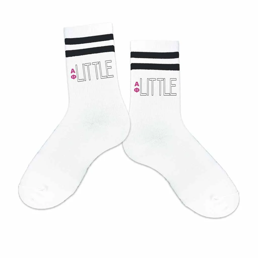 Alpha Phi Sorority Socks for your Big and Little with Greek Letters on Striped Cotton Crew Socks