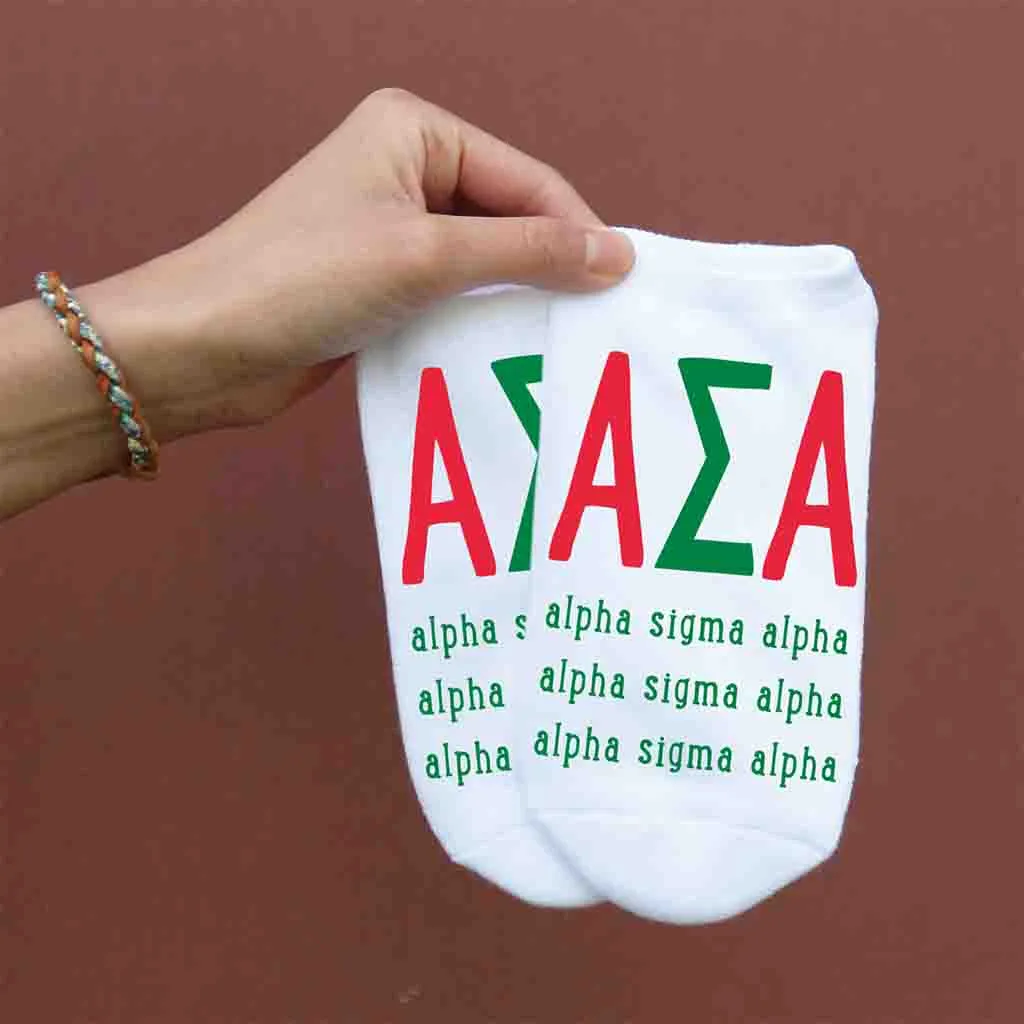 Alpha Sigma Alpha Sorority Socks with Large Greek Letters, Printed on No Show Socks