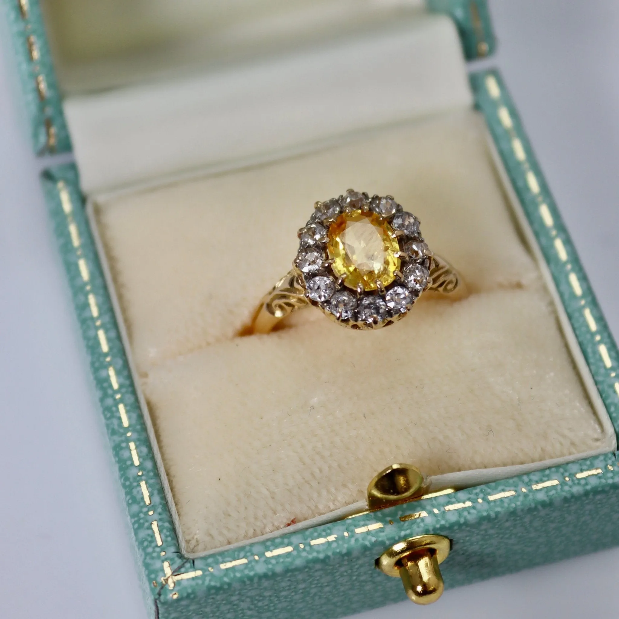 Art Deco Yellow Sapphire and Diamond Cluster Ring