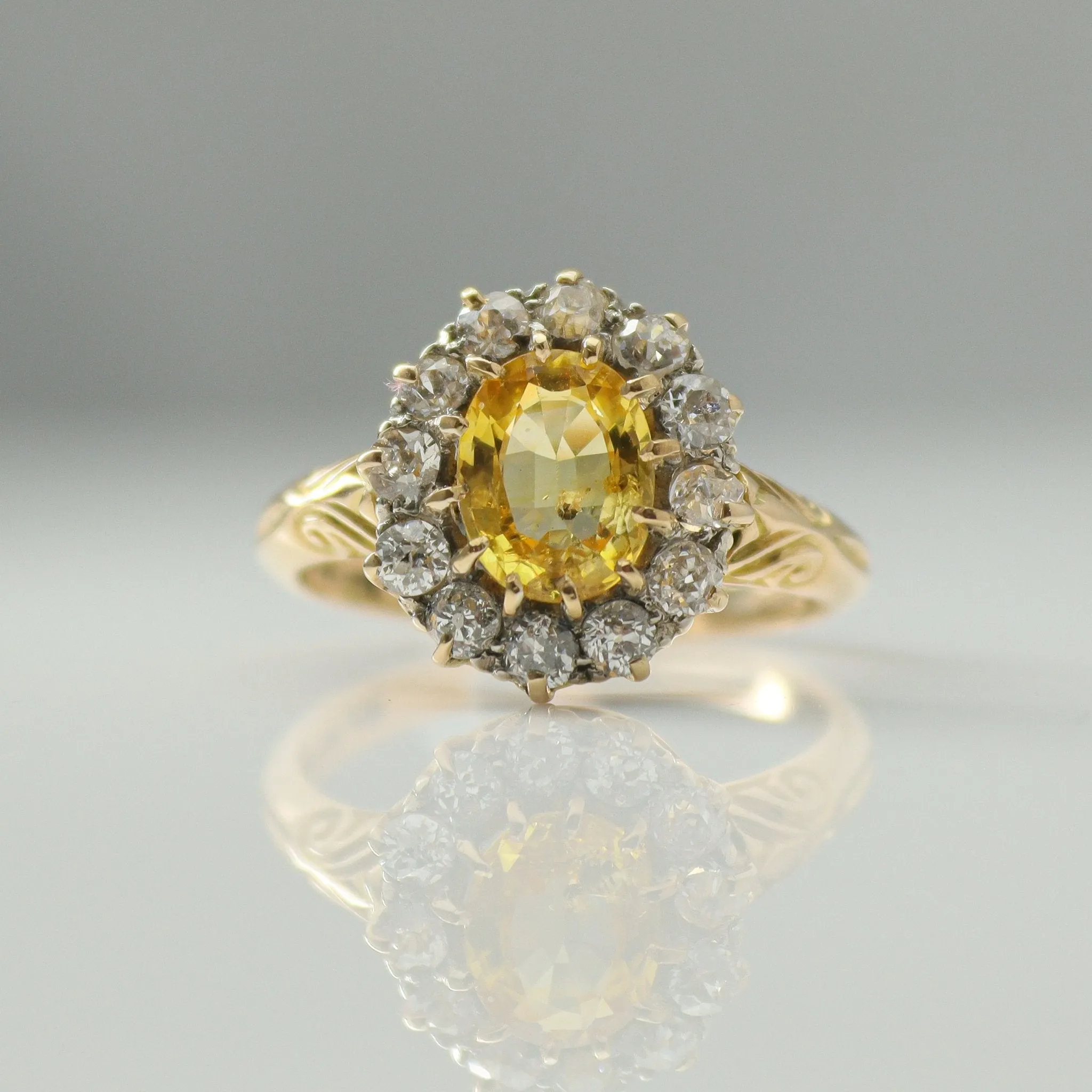 Art Deco Yellow Sapphire and Diamond Cluster Ring