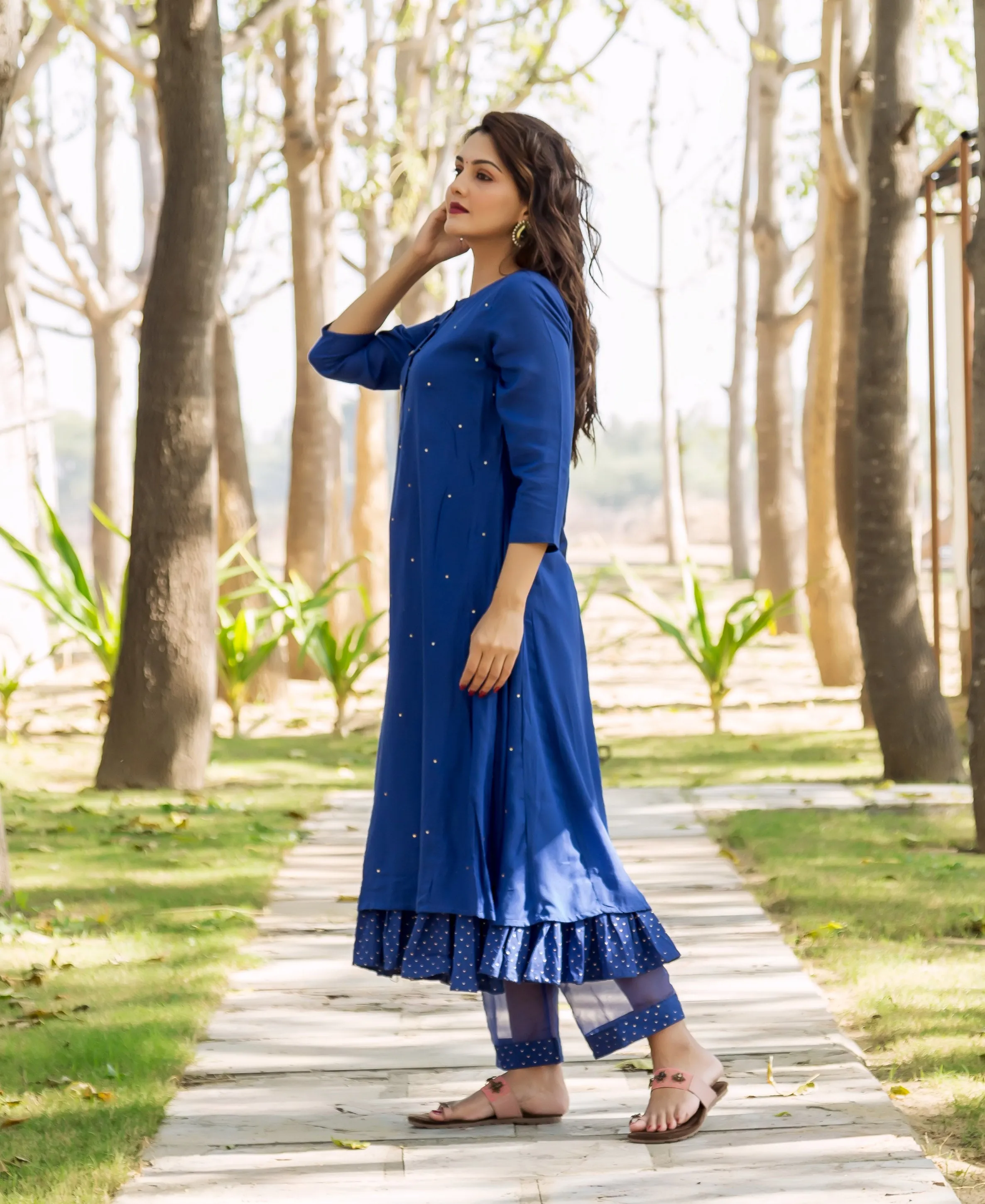 Azure Blue Embroidered and Layered Kurta