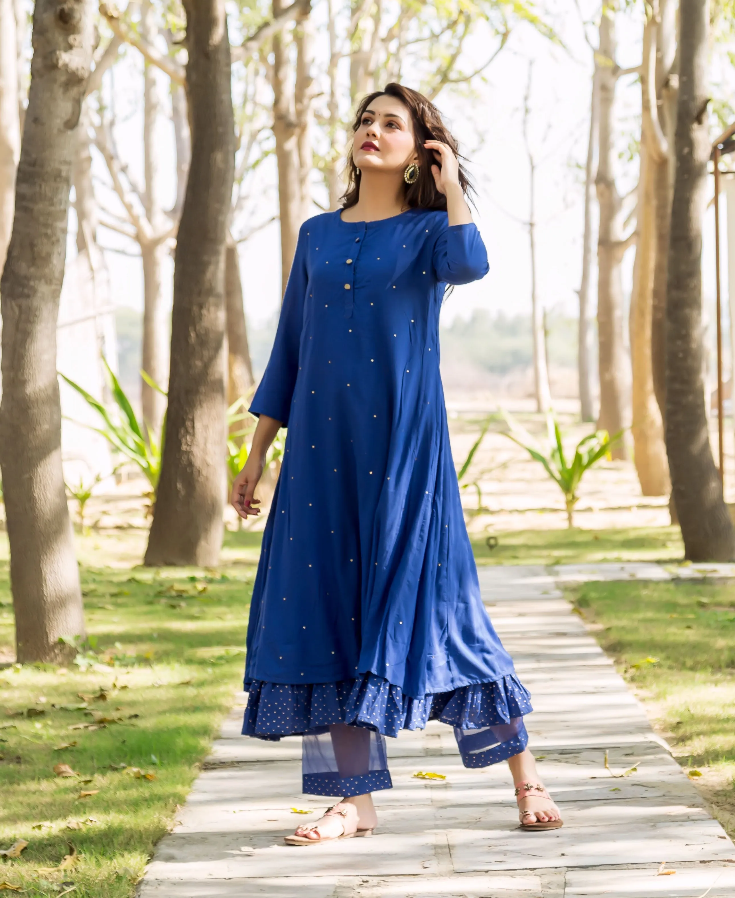 Azure Blue Embroidered and Layered Kurta