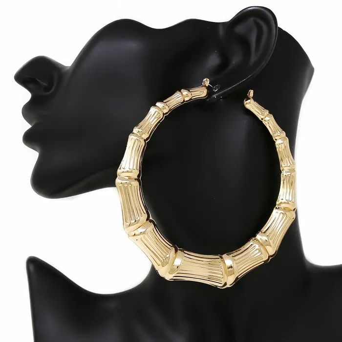 Bamboo Textured Metal Hoop Earrings (90 mm)