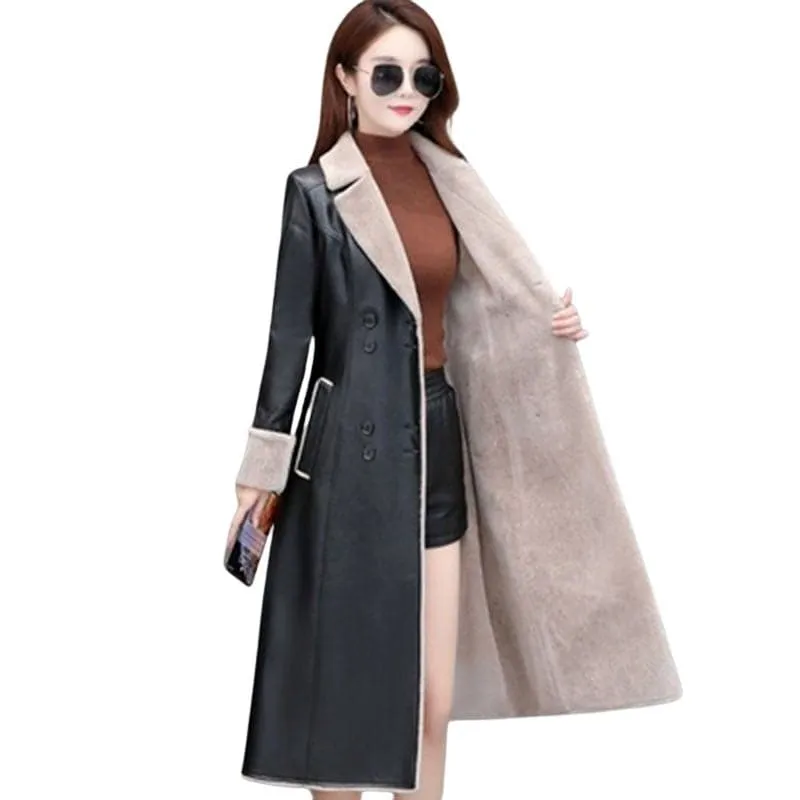 BELLA Design Women's Fine Fashion Genuine Leather Cashmere Plush Fur Coat