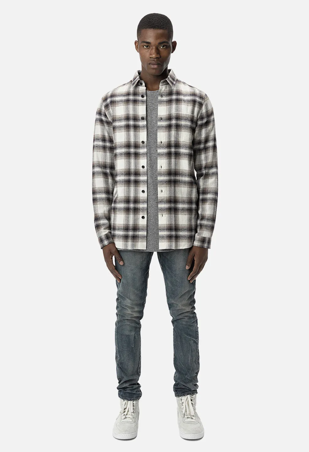 Brushed Flannel Button Up / Natural x Navy Plaid