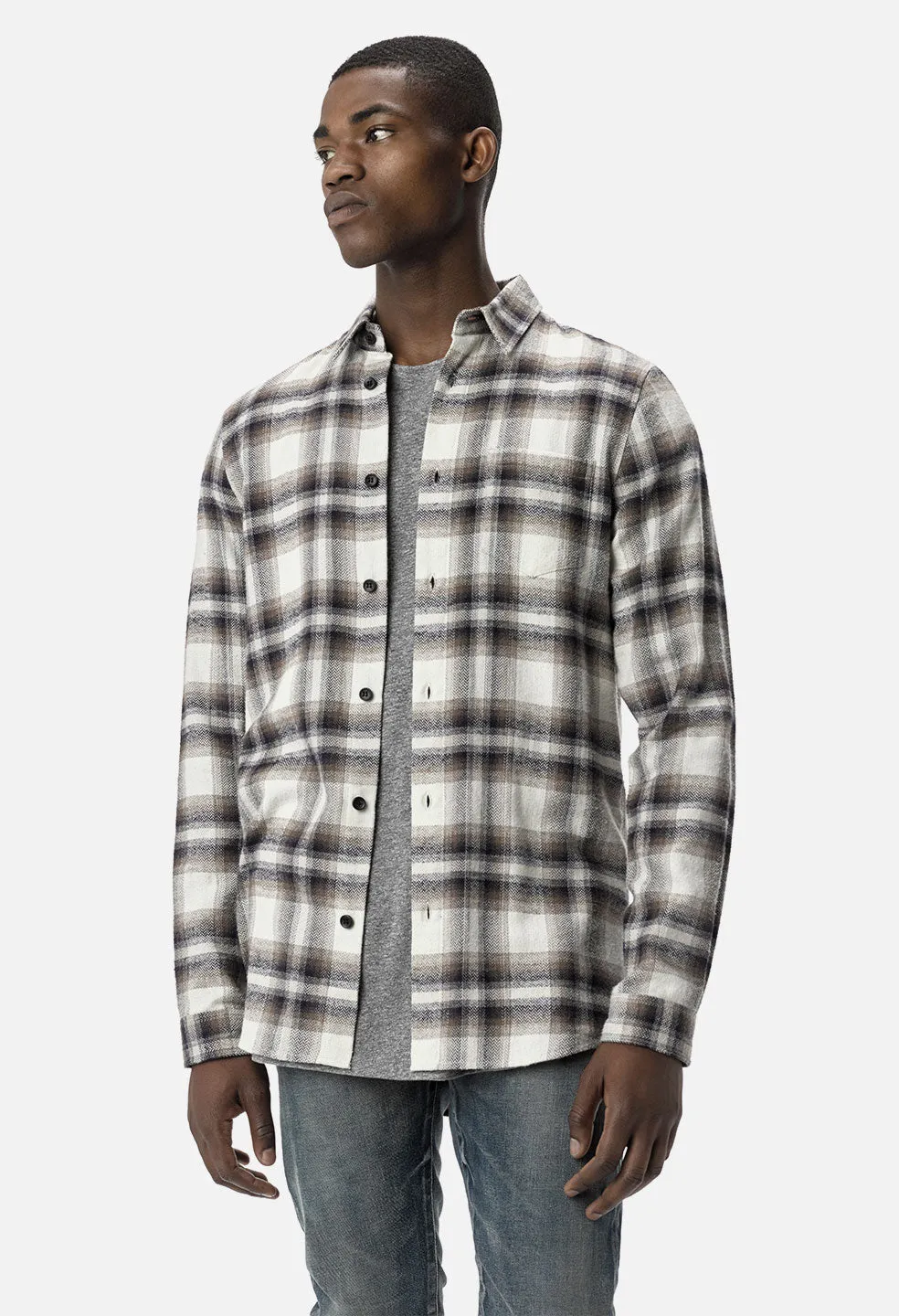 Brushed Flannel Button Up / Natural x Navy Plaid