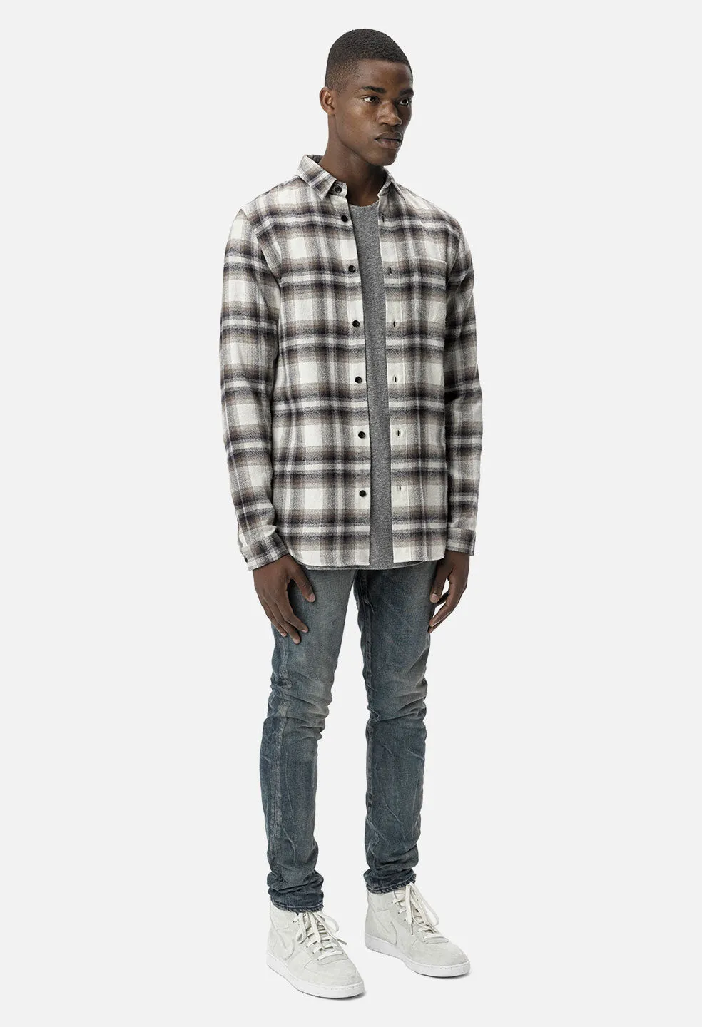 Brushed Flannel Button Up / Natural x Navy Plaid