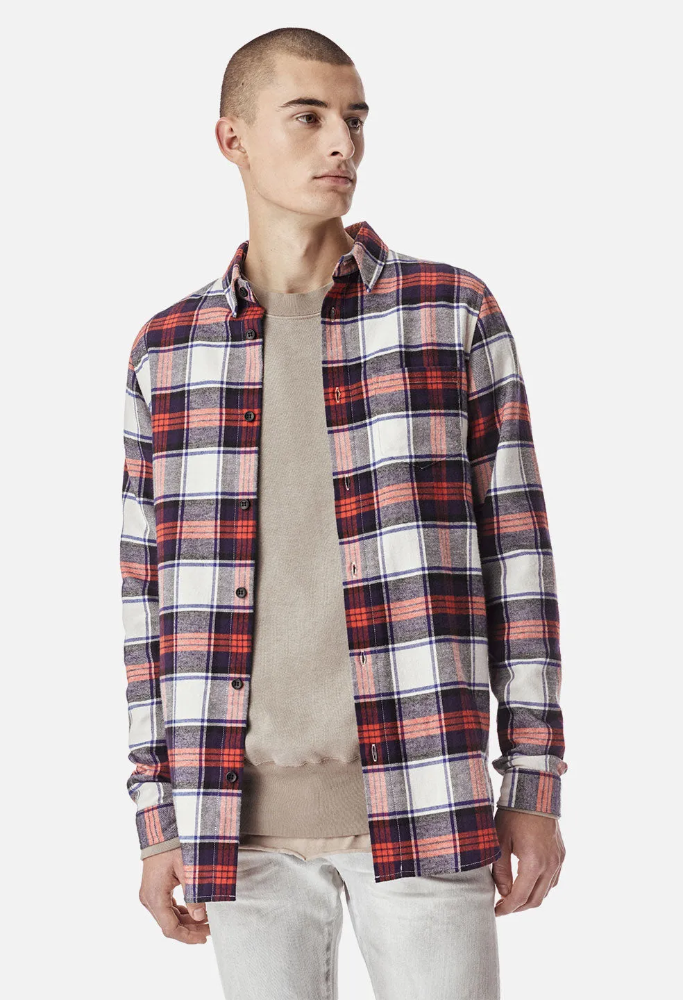 Brushed Flannel Button Up / Red x Navy Plaid