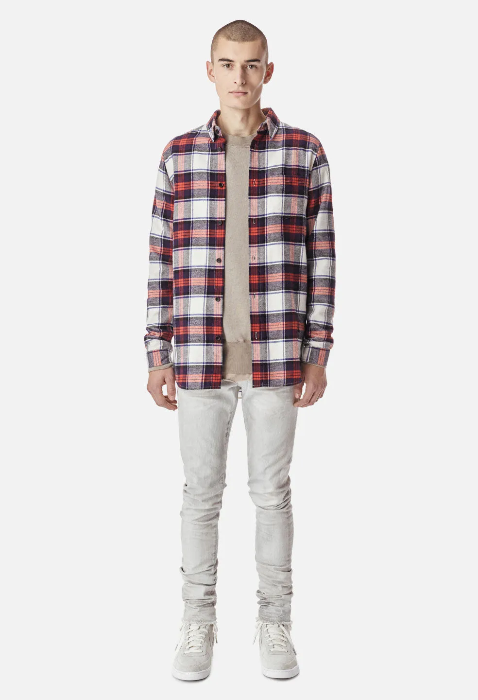 Brushed Flannel Button Up / Red x Navy Plaid