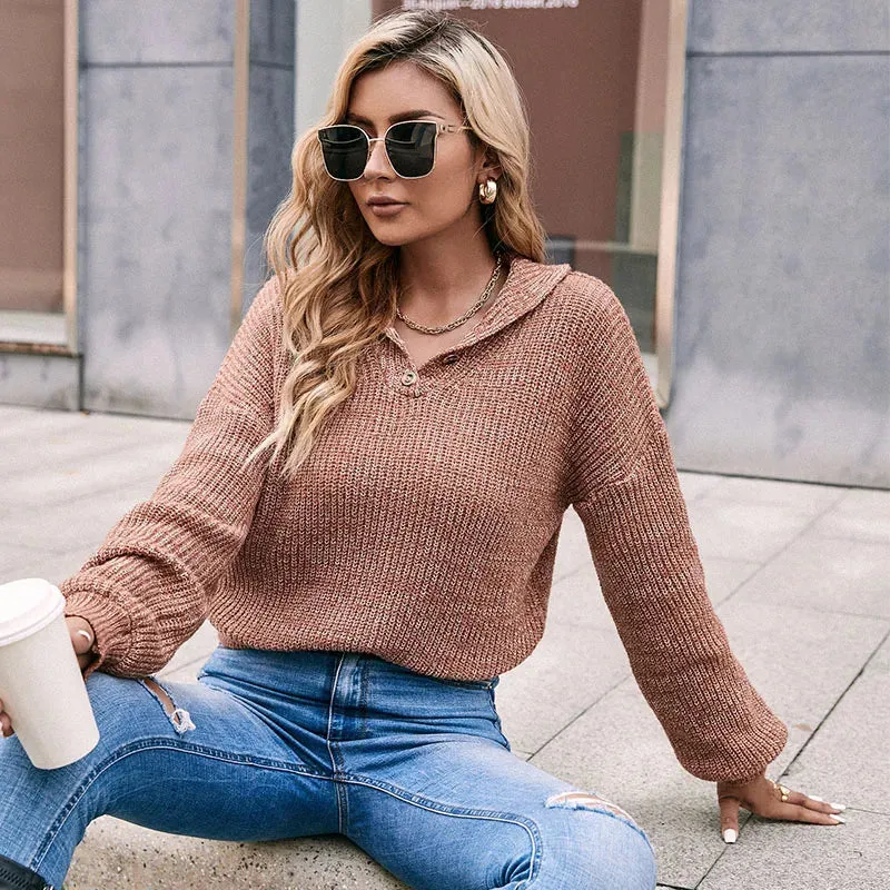 Casual Loose Turn-Down Collar Solid Color Basic Pullover Sweater