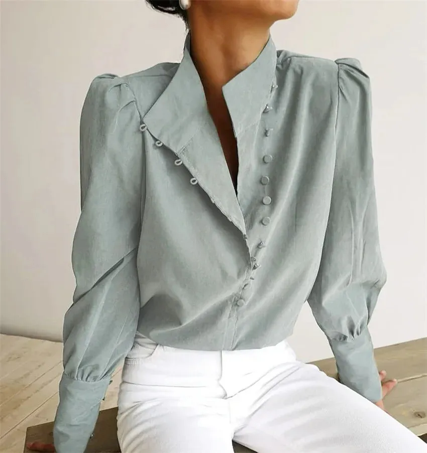 Casual Single-Breasted Solid Long Sleeve Turtleneck Blouse