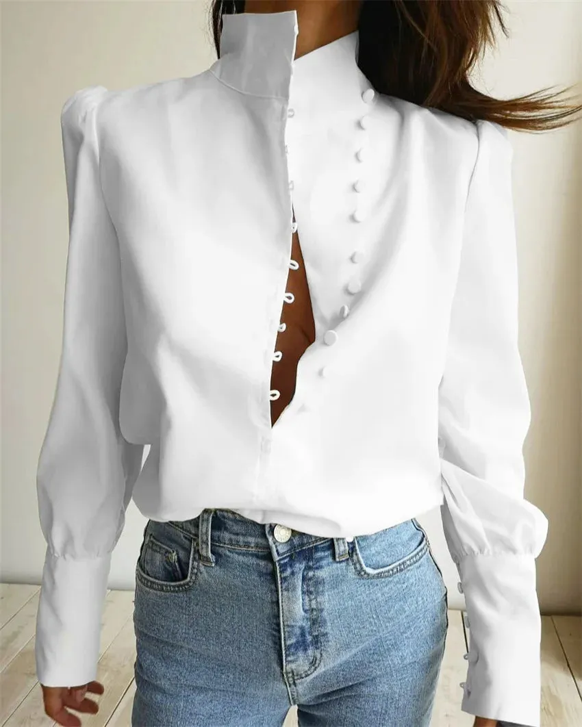 Casual Single-Breasted Solid Long Sleeve Turtleneck Blouse