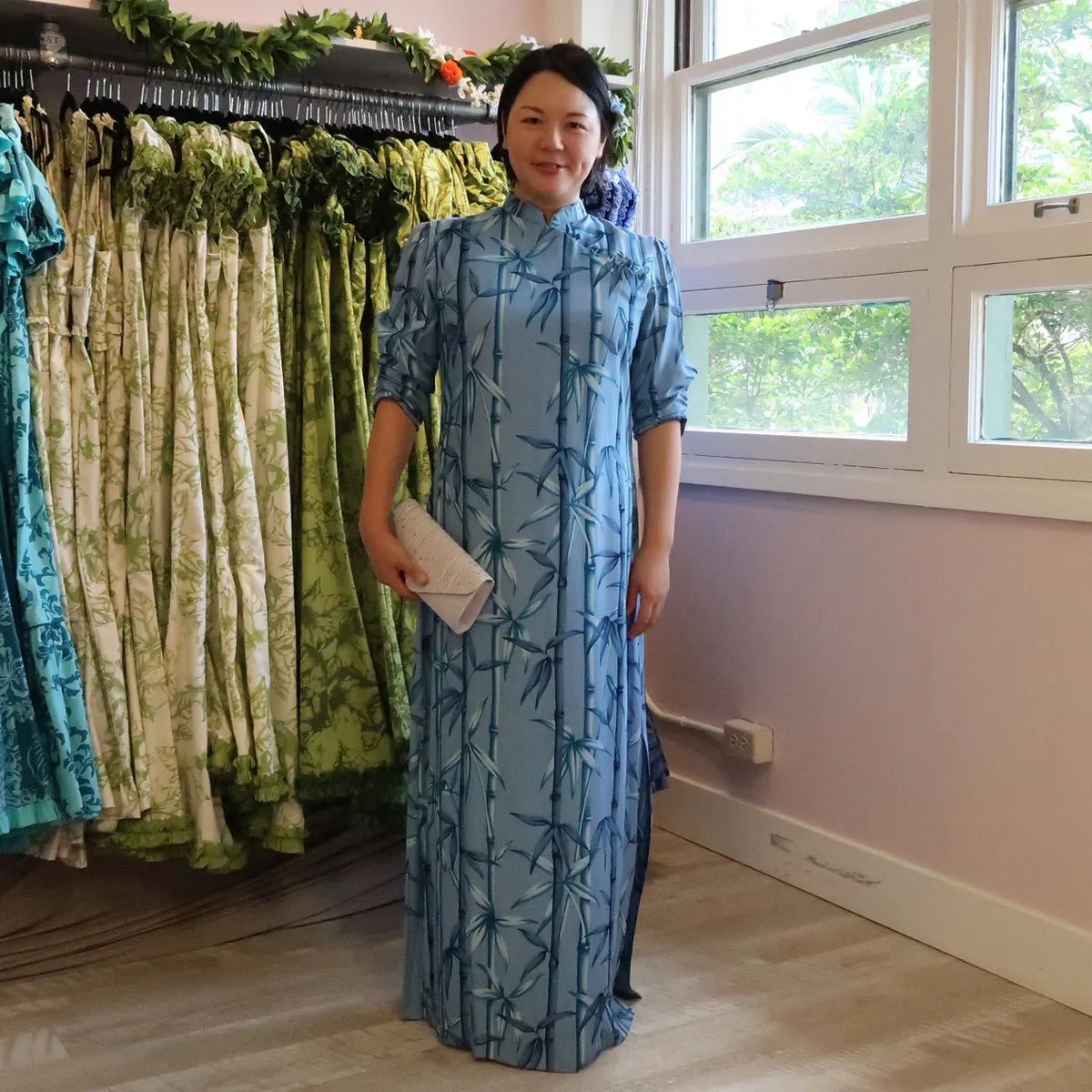 Chinese Style Blue Bamboo Rayon Dress with Mandarin Collar 2004