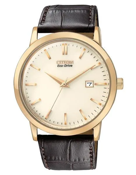 Citizen Eco-Drive Mens Strap Watch - Champagne Dial - Rose Gold-Tone - Leather