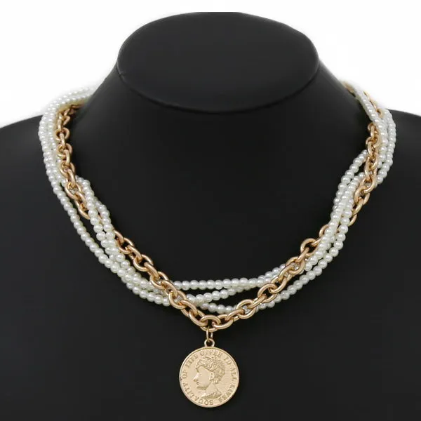 Coin Pendant Multi Strand Pearl Necklace