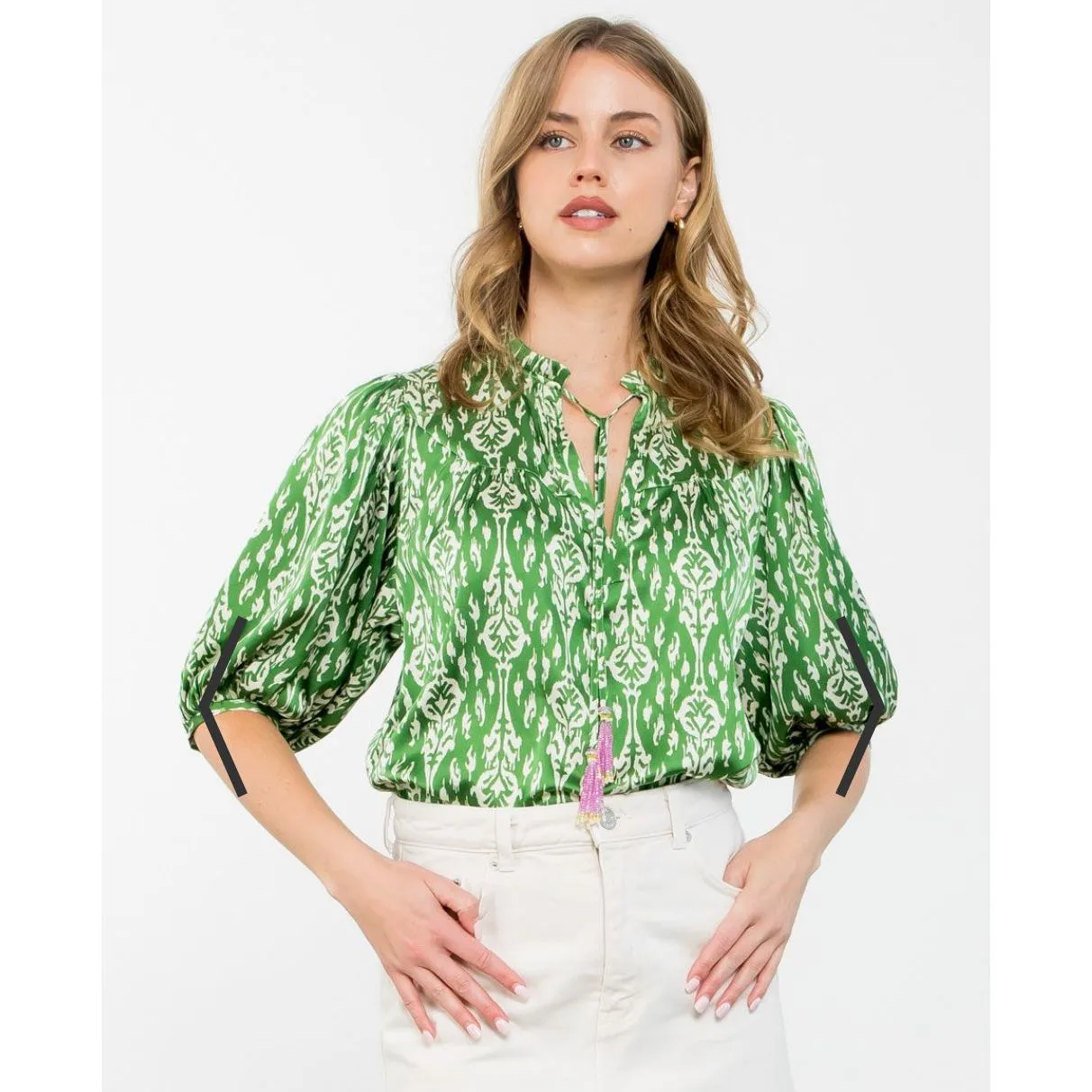 Corelle Puff Sleeve Printed Tassel THML Top