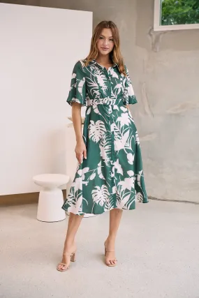 Delaney Green/White Print Button Front Midi Dress