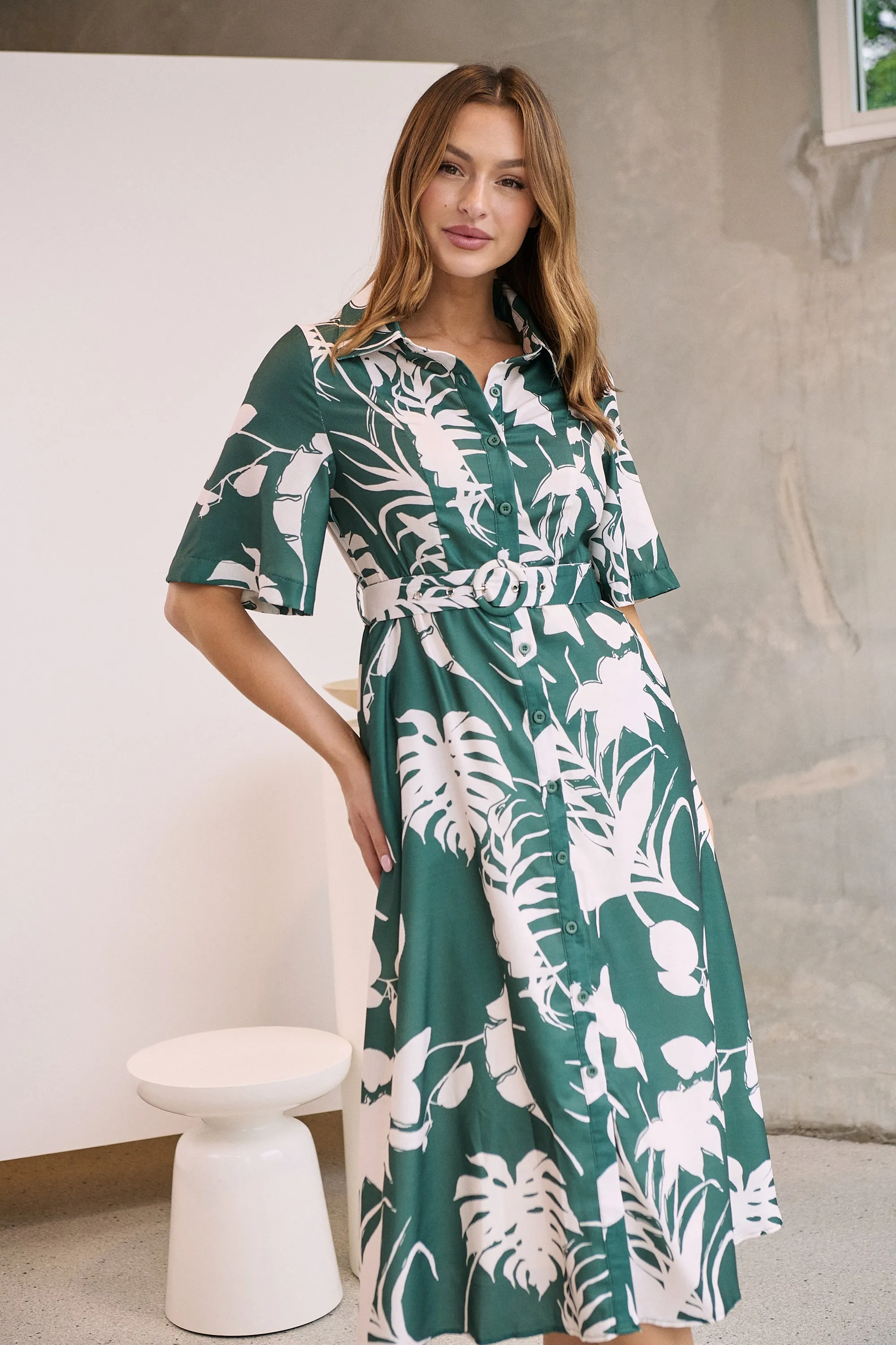 Delaney Green/White Print Button Front Midi Dress