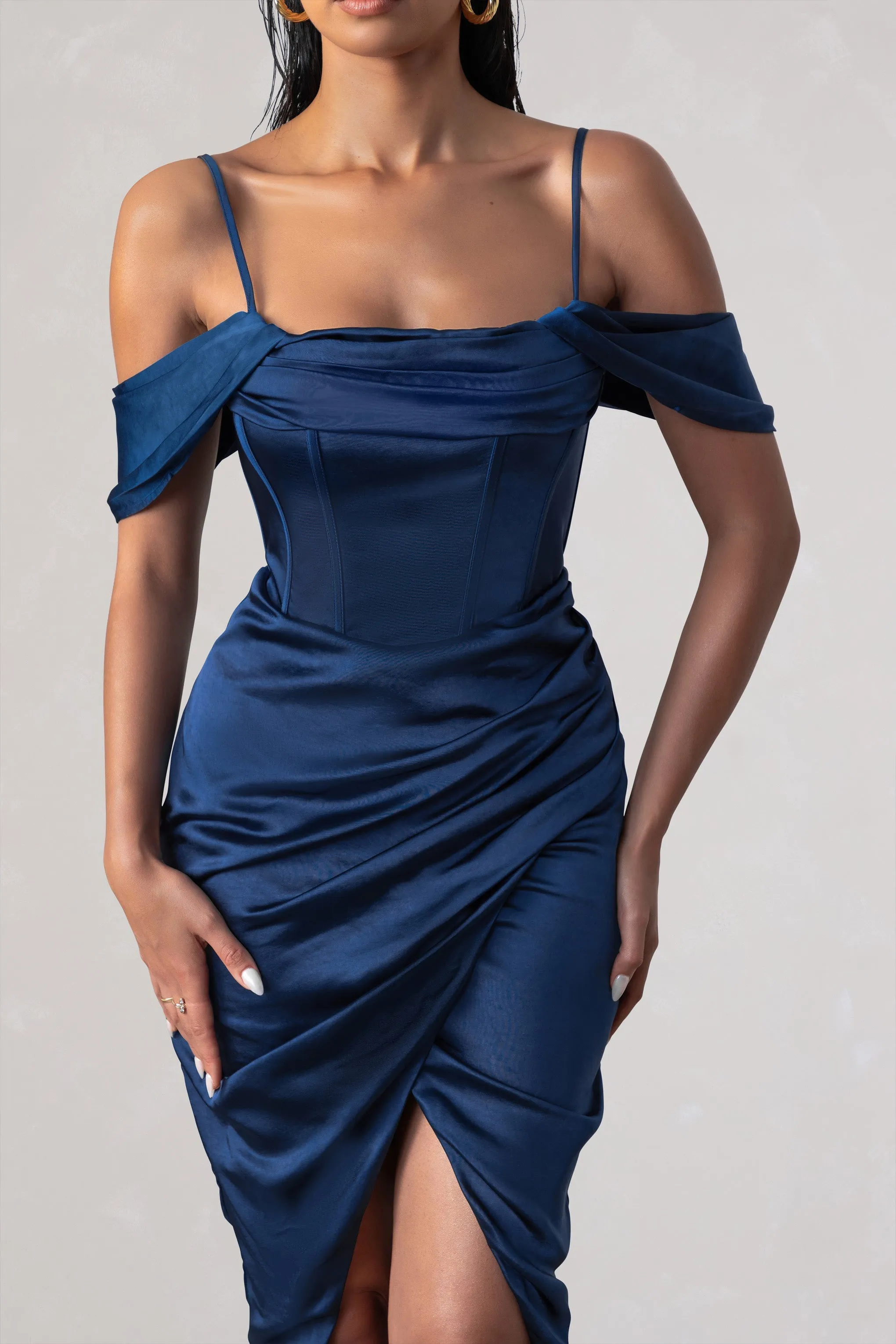 Deserving | Navy Satin Bardot Sleeve Corset Wrap Midi Dress