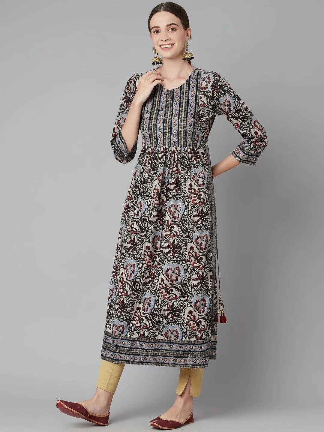 Divena Grey Cotton Gathered Kurta With Side Slits.