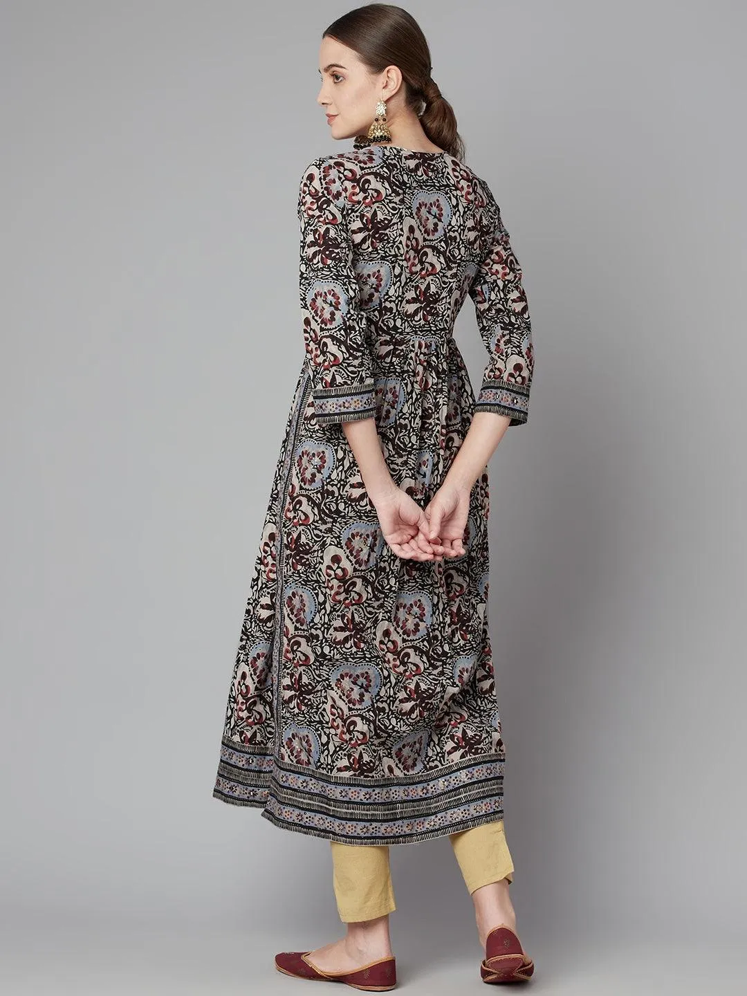 Divena Grey Cotton Gathered Kurta With Side Slits.