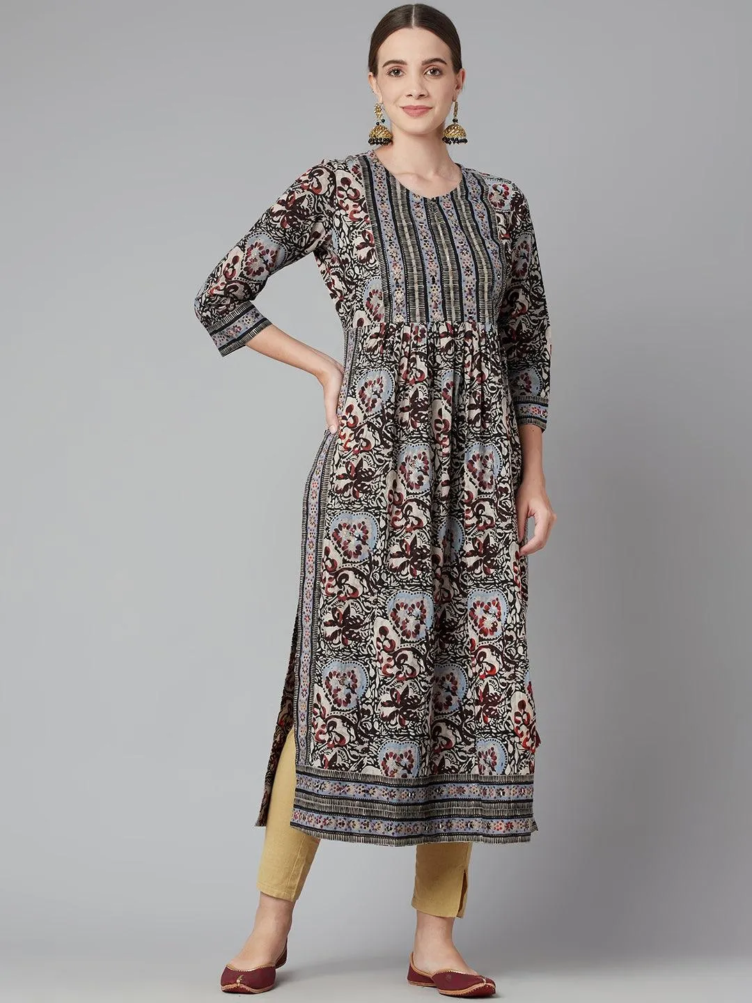 Divena Grey Cotton Gathered Kurta With Side Slits.