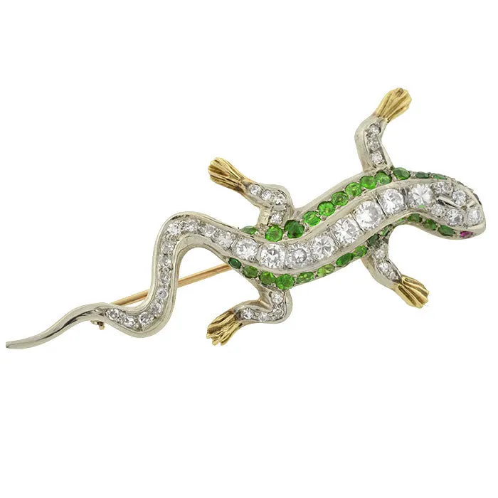 Edwardian 14kt/Platinum Diamond & Demantoid Garnet Lizard Pin