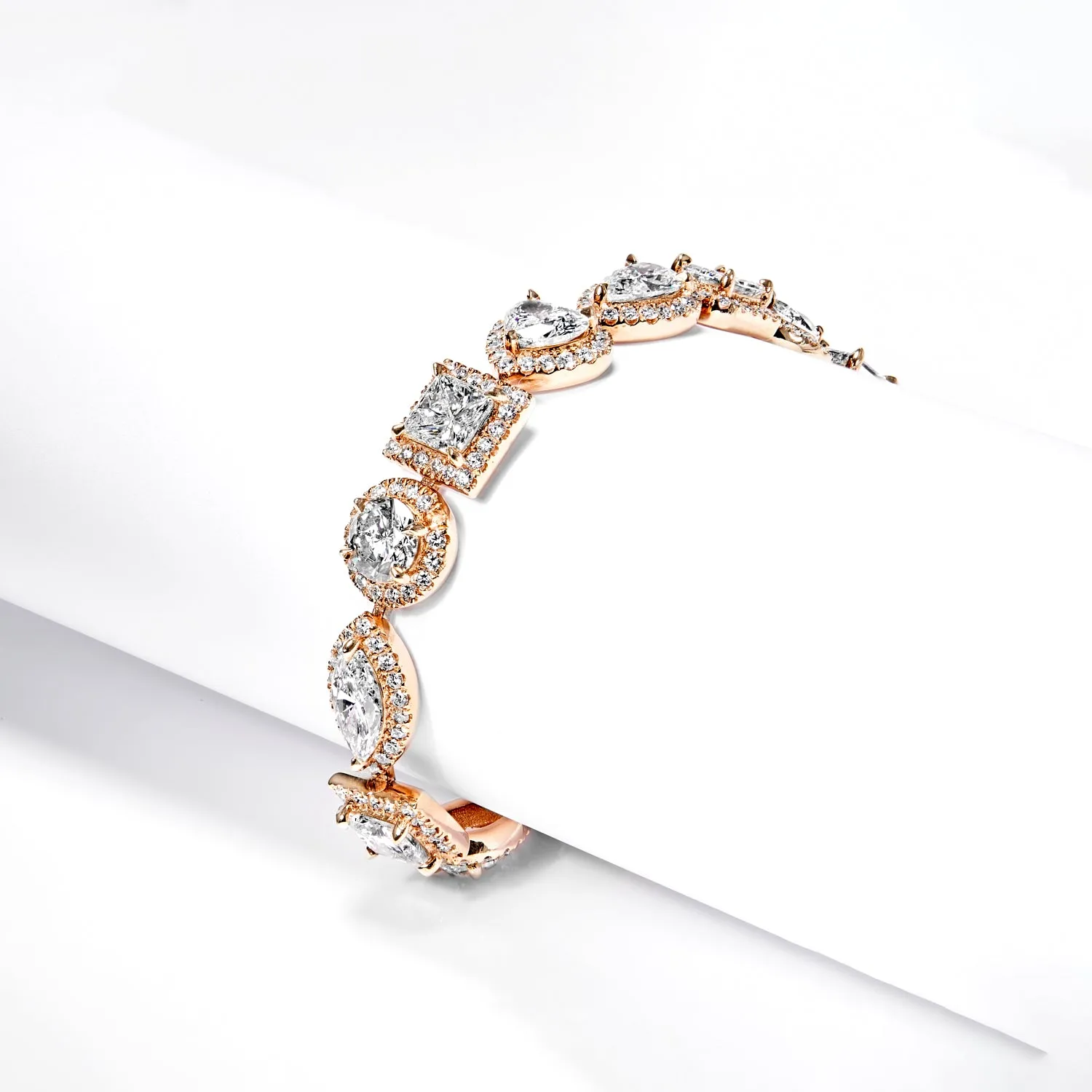 Esmeralda 28 Carats Combine Mix Shape Single Row Diamond Halo Bracelet in 18k Rose Gold