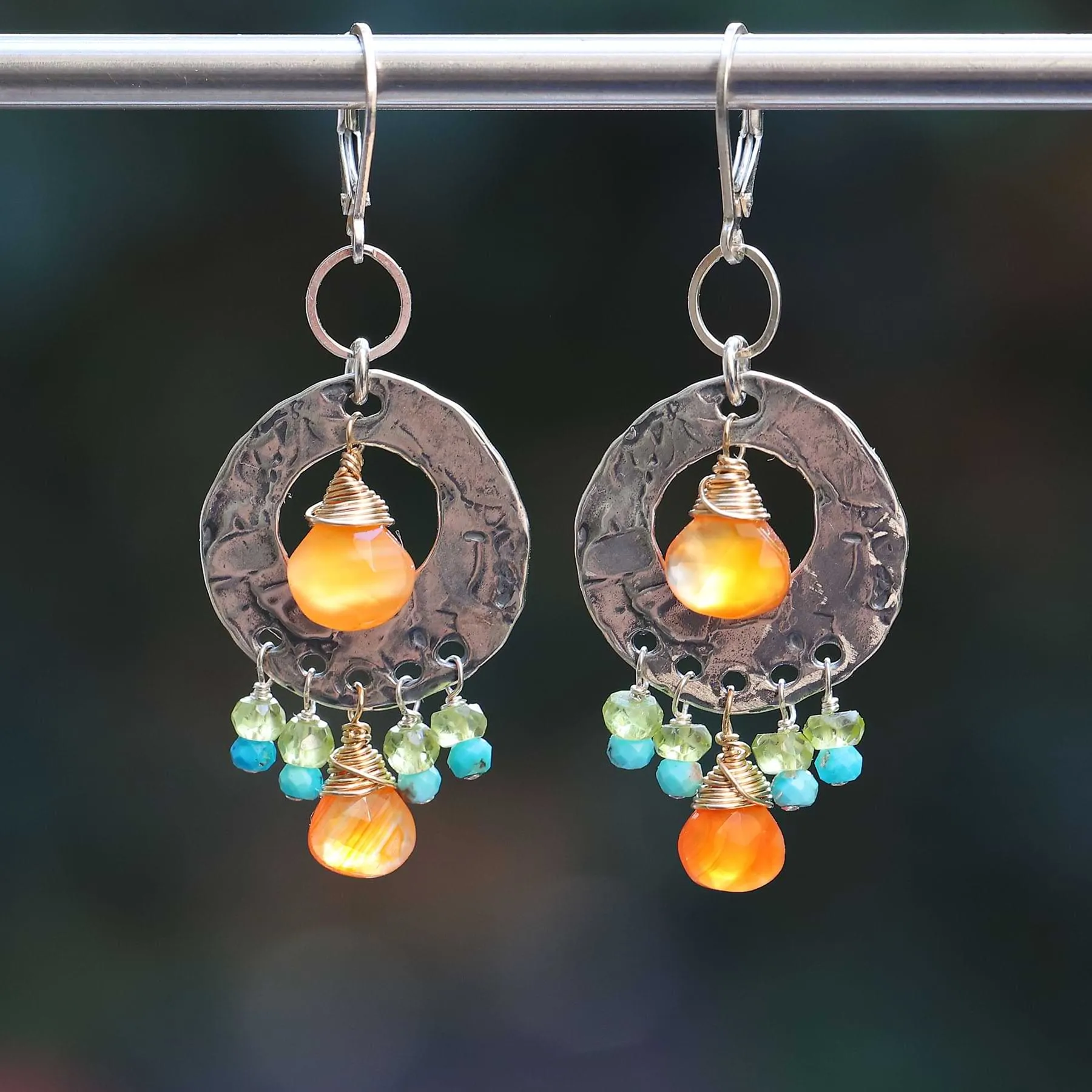 Fall in California - Turquoise Hammered Silver Hoop Earrings