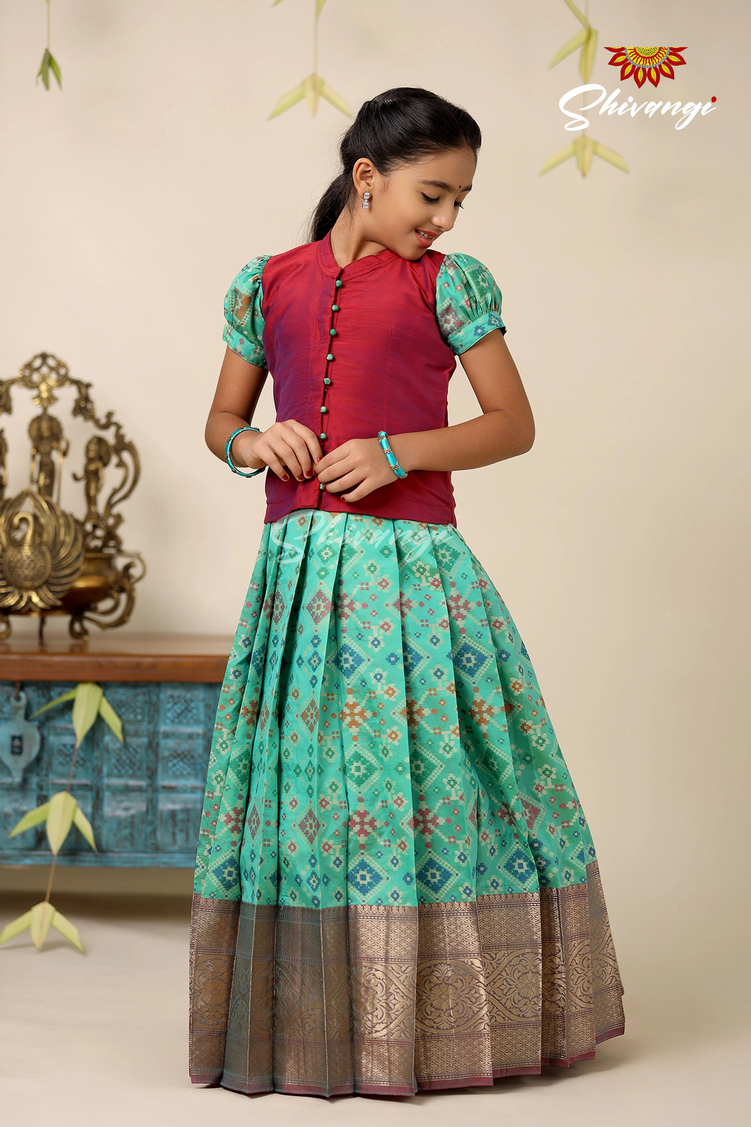 Floral Patola Green Pattu Pavadai For Girls - Festive Wear!!!