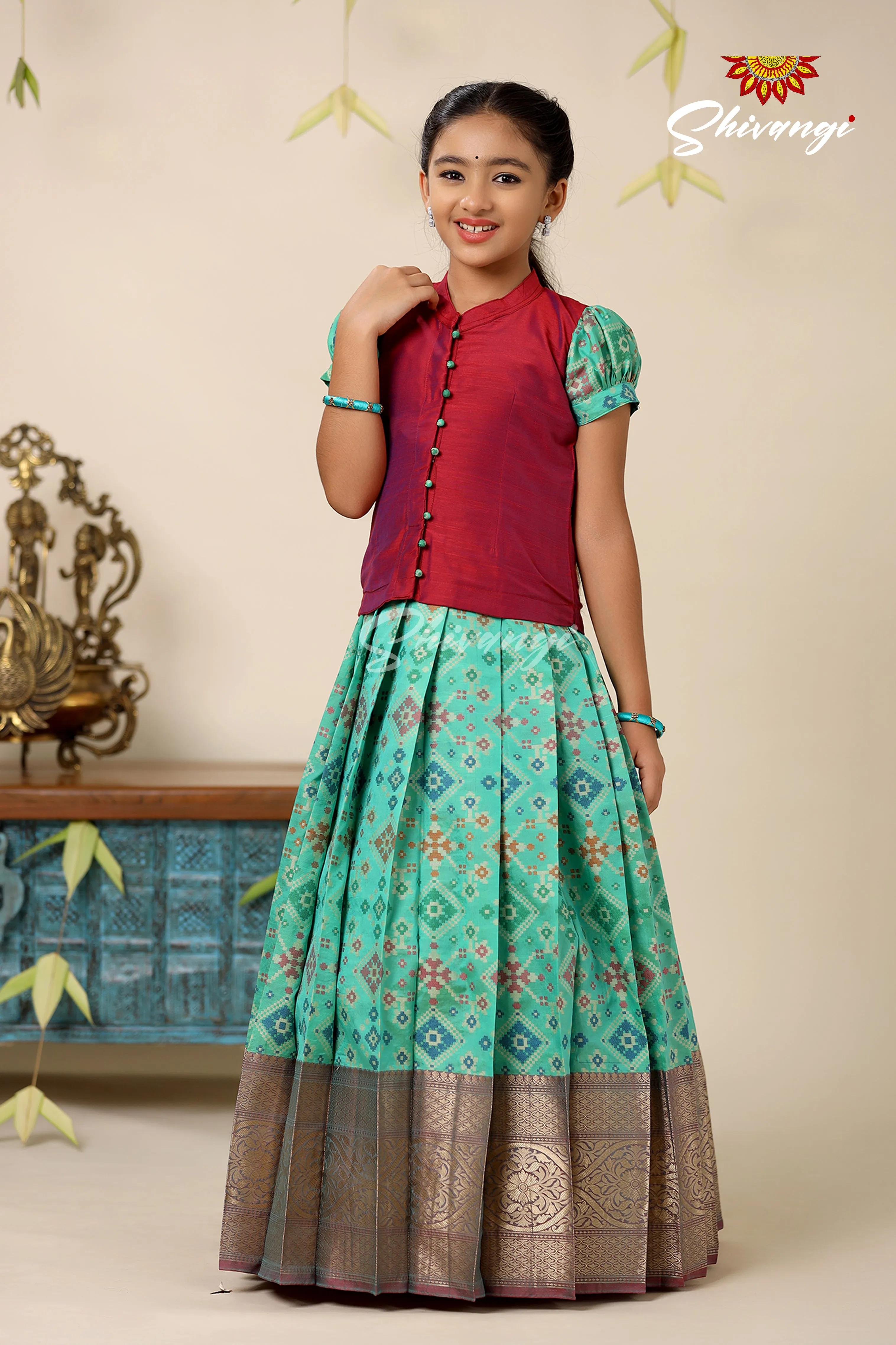 Floral Patola Green Pattu Pavadai For Girls - Festive Wear!!!