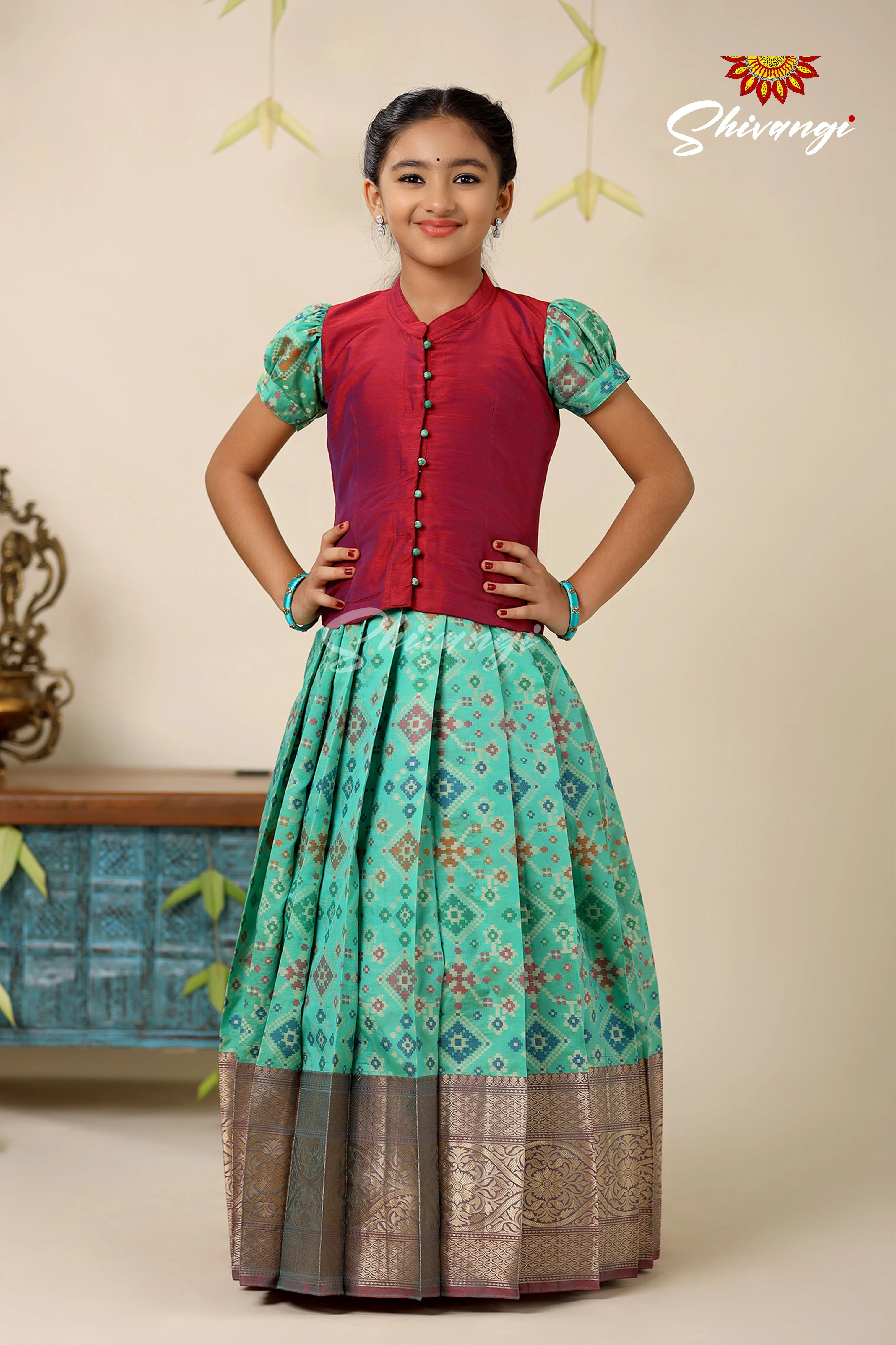 Floral Patola Green Pattu Pavadai For Girls - Festive Wear!!!