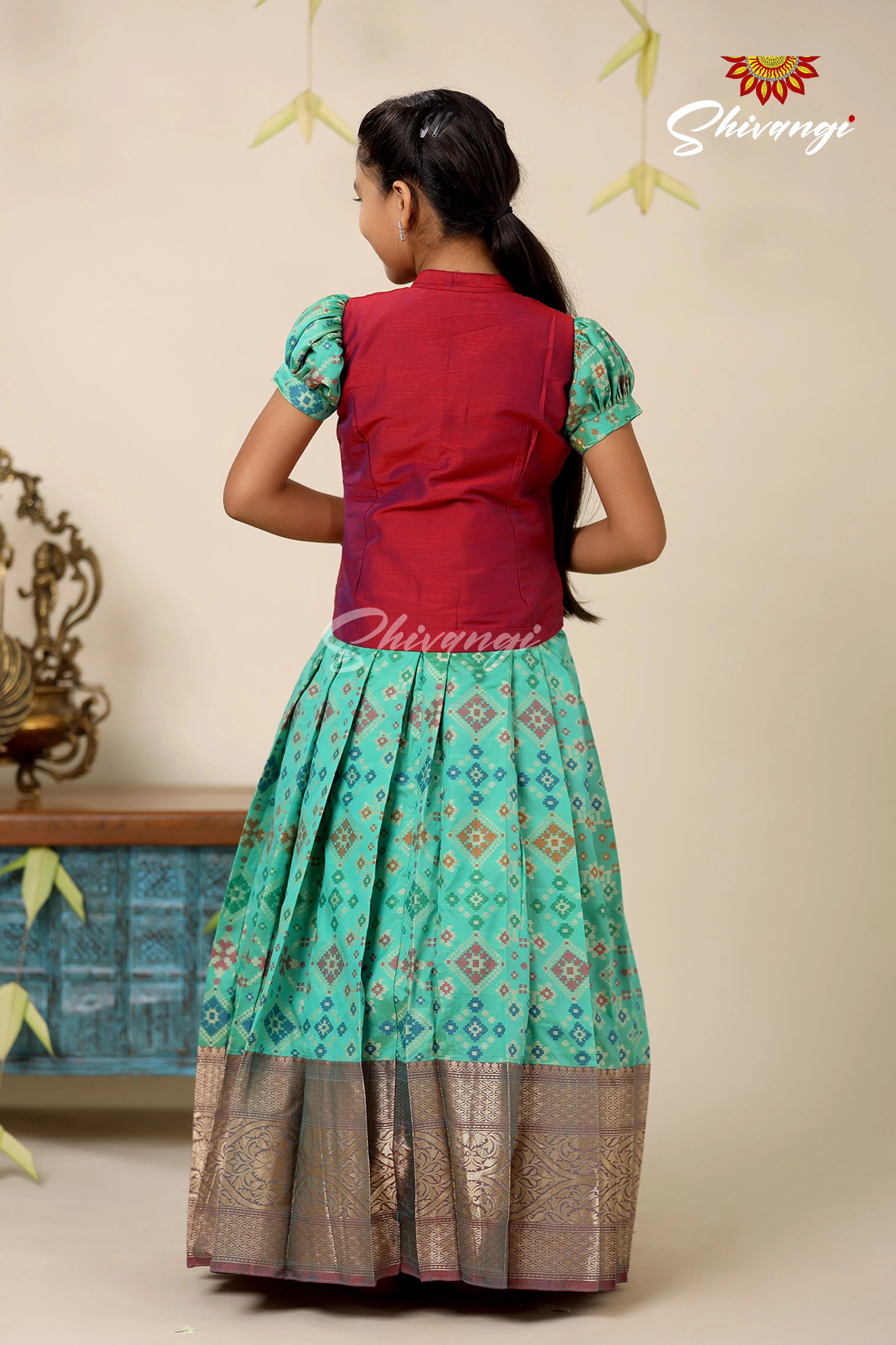 Floral Patola Green Pattu Pavadai For Girls - Festive Wear!!!