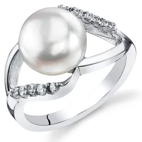 Freshwater Cultured 9mm White Pearl Ring Sterling Silver Round Shape Size 7