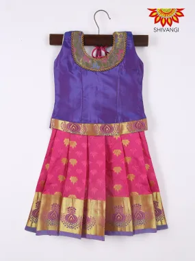 Girls Art Silk Pattu Pavadai Dark Pink and Blue